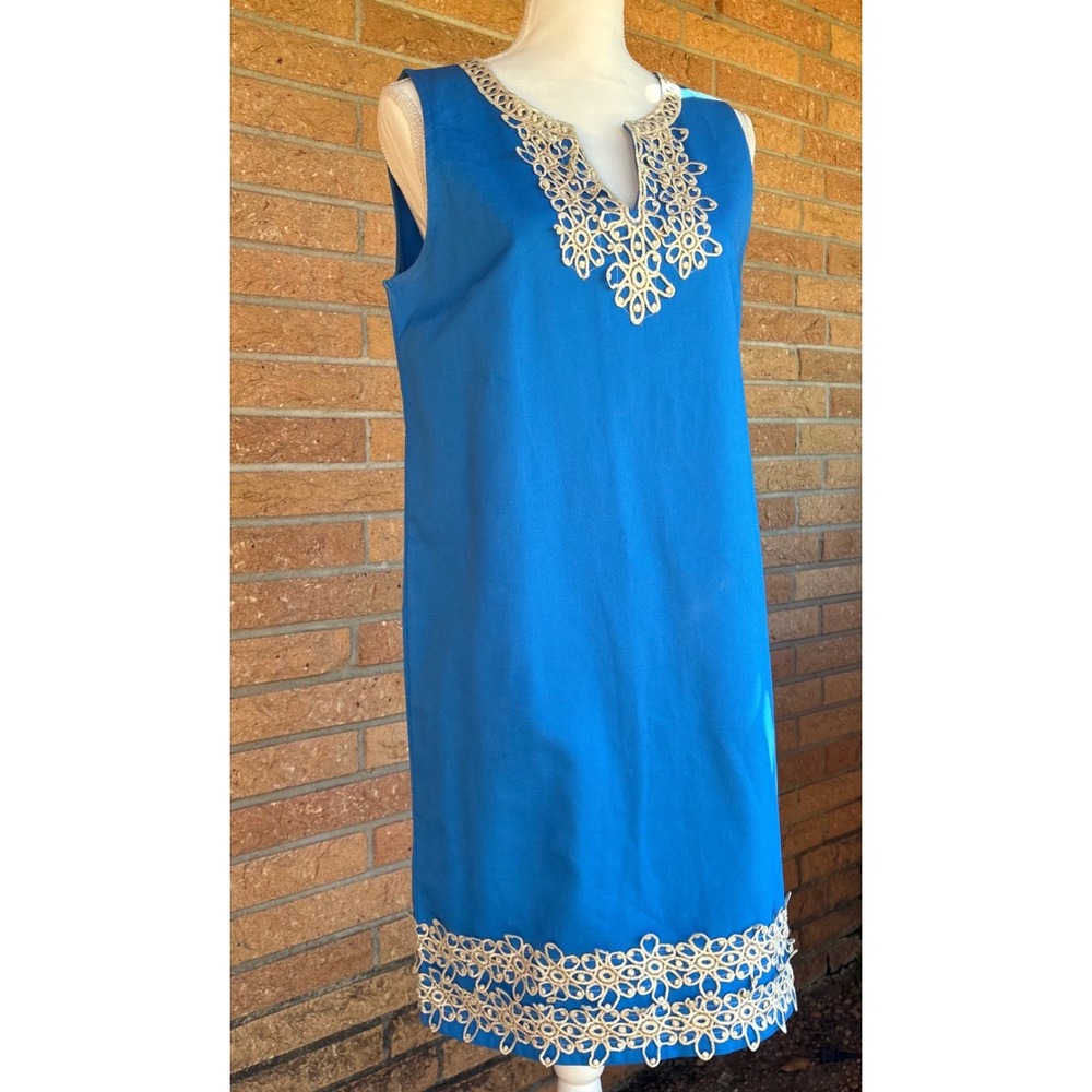 Mud Pie Shift Dress Womens Large Blue Gold Lace Trim Sleeveless Cotton Pique